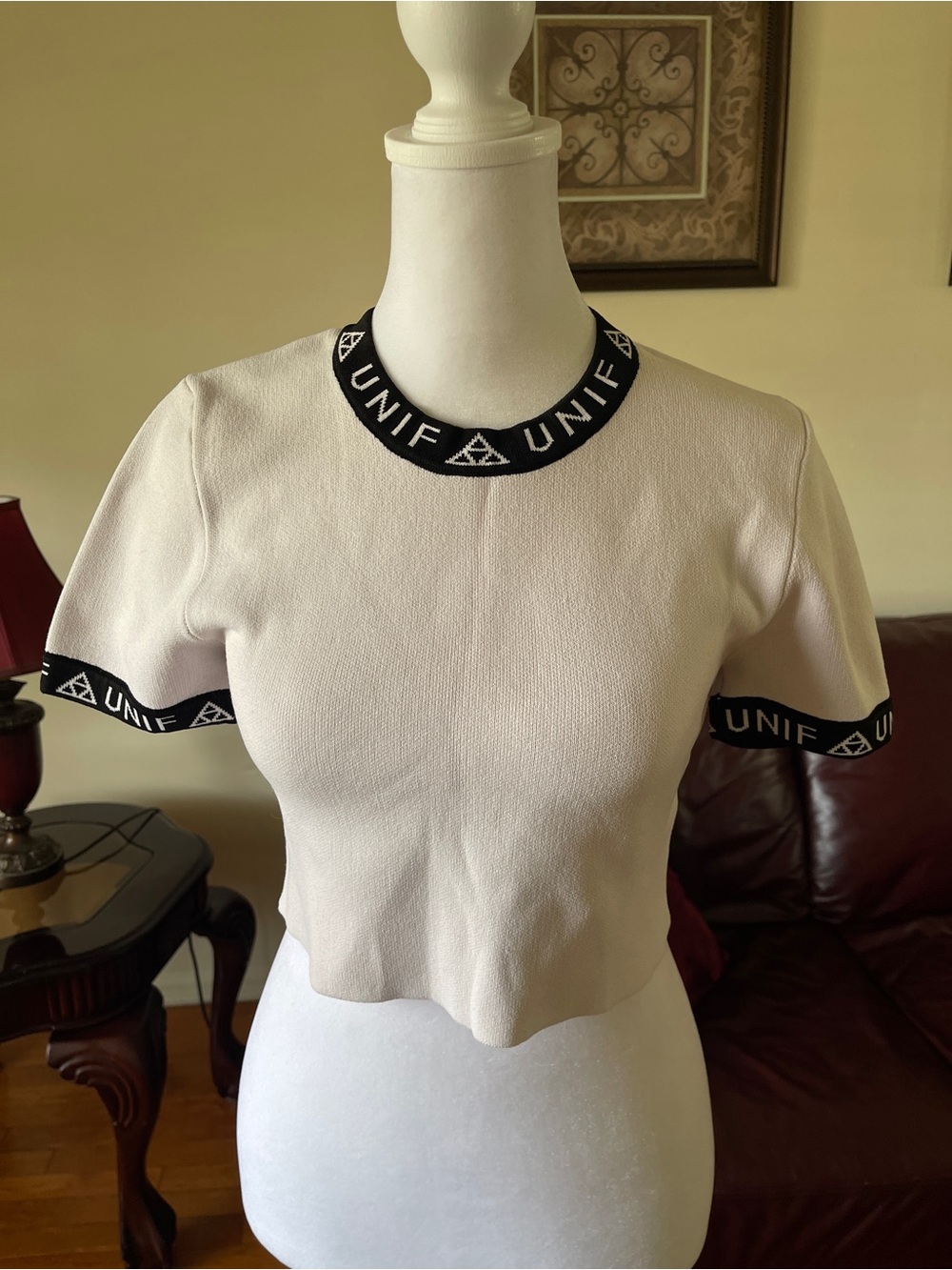 UNIF White Knit Logo Trim Crop Top Goth Grunge Baby Tee Sweater M